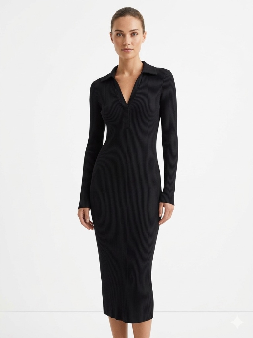 Enza Costa Black Ribbed Long-Sleeve Polo Midi Dress